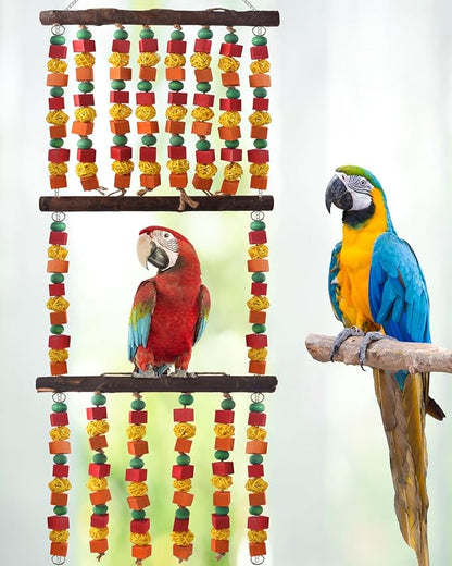43" Extra Large Bird Parrot Toys, Multicolored Wooden Blocks Chewing Toy with Rattan Balls and Perches for Macaws, African Greys, Cokatoos, Amazon Parrots and Small Medium Parakeets