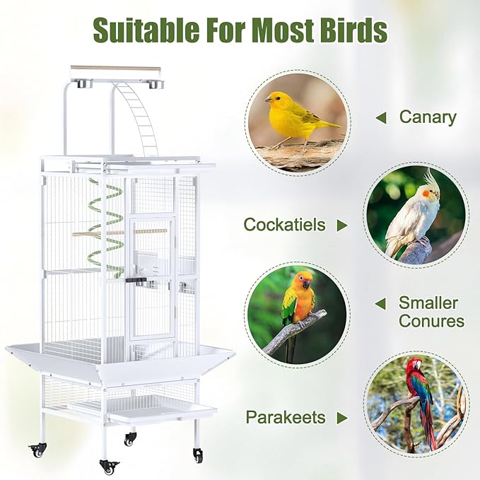 61 Inch Large Bird Cage with Rolling Stand, Heavy-Duty Wrought Iron Birdcage with Ladder, Playtop Parrot Cage for Parrots, Cockatiels, Budgies, Lovebirds, Small/Medium Birds
