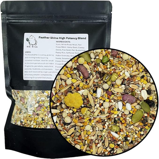 Feather Shine High Potency Blend with Bee Pollen & Freeze-Dried Sprouts - Premium Parrot Food for Molting, Breeding & Growth - Omega Rich | 17.5% Plant Protein | USA-Made
