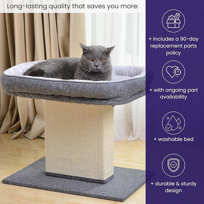 Catry Mellow 2-Level 19" Cat Tree with Large Washable Replaceable Bed, Big Sisal Post, Quick Assembly, Built to Last, Ideal for Small to Large Cats, Grey