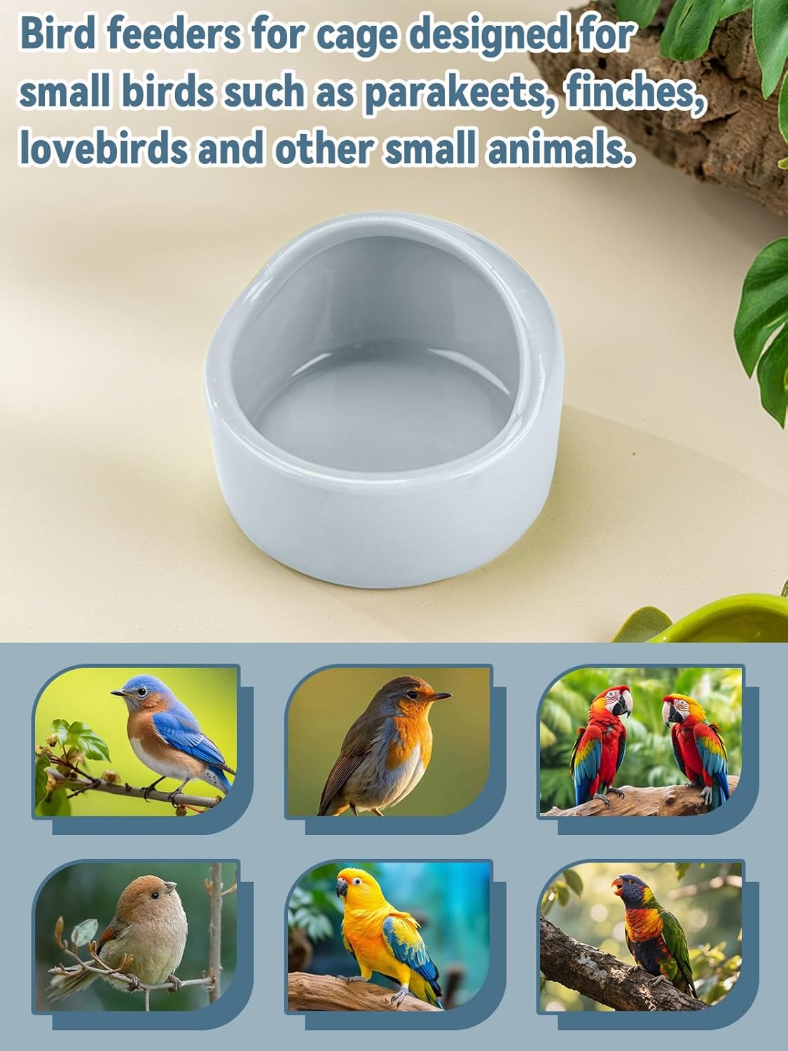 2 Pcs Bird Food Bowl Ceramic Bowls for Birds Small Parakeet Food Bowl Parrot Feeding Cups, Bird Cage Feede for Parakeets Conure Cockatiels Lovebird Budgie (Blue)
