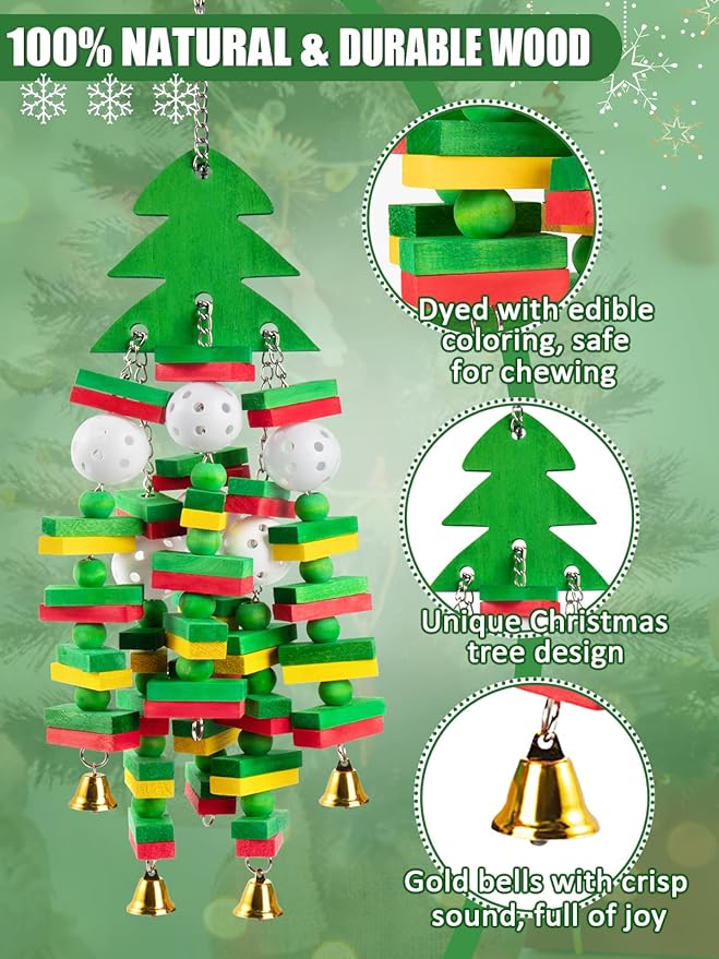 Christmas Large Bird Toy - Natural Wooden Parrots Toy with Colorful Edible Blocks for Macaws African Grey Amazon Parrots Cockatoos, Bird Chewing Toy for Gifts Playing(Green)