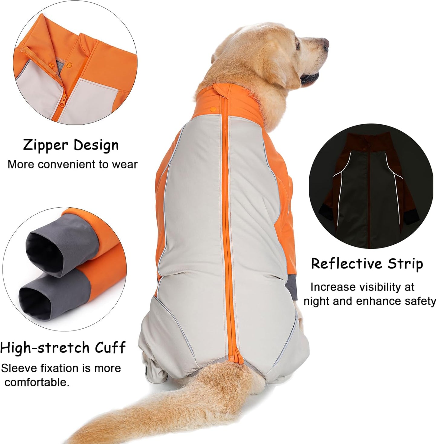 Dog Full Body Winter Coat, Waterproof Fleece Jacket for Small Medium Large Dogs Reflective Snowsuit with Zipper for Outdoor Skating (Orange, 5XL(Weight 65-88 lbs))