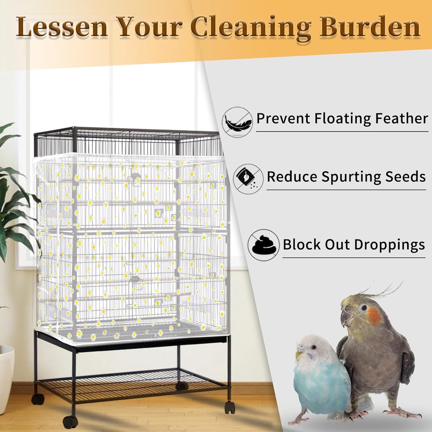 Daoeny Bird Cage Seed Catcher, Large Bird Cage Cover, Adjustable Soft Airy Nylon Mesh Net, Birdcage Cover Skirt Seed Guard for Parrot Parakeet Macaw African Round Square Cages (White, Daisy Design)