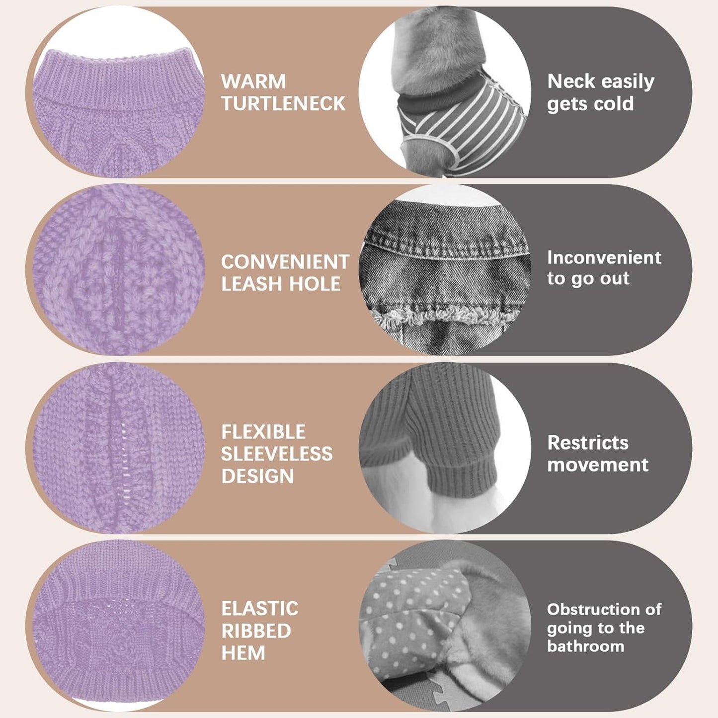 BINGPET Thermal Knitted Dog Sweater, Winter Dog Cat Coat, Warm Sweater for Small Medium Large Dogs, Classic Cable Knit Turtleneck Pullover, Purple, Medium/Large