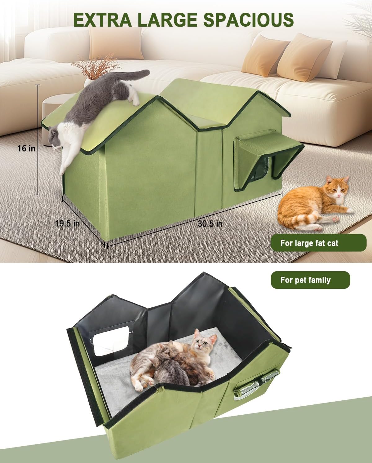 Extra Wide Large Cat Houses for Outdoor Cats Weatherproof, Elevated Waterproof Outdoor Cat House, Outside Stray Cat Shelter for Multiple Cats Small Dogs (Green, Unheated)