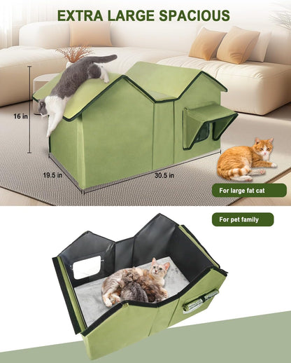 Extra Wide Large Cat Houses for Outdoor Cats Weatherproof, Elevated Waterproof Outdoor Cat House, Outside Stray Cat Shelter for Multiple Cats Small Dogs (Green, Unheated)