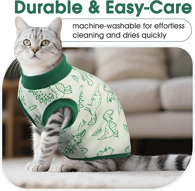 DENTRUN Sleeveless Cat Vest with Dinosaur Print, Breathable Ultra-Soft Dralon Fleece Cat Sweater, All-Season Pet Costume Apparel for Cats, Kitten Clothing for Indoor/Outdoor, Green, L