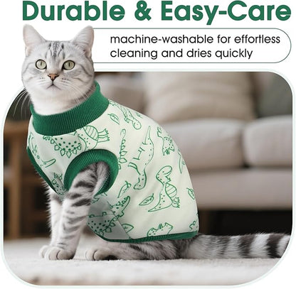 DENTRUN Sleeveless Cat Vest with Dinosaur Print, Breathable Ultra-Soft Dralon Fleece Cat Sweater, All-Season Pet Costume Apparel for Cats, Kitten Clothing for Indoor/Outdoor, Green, L