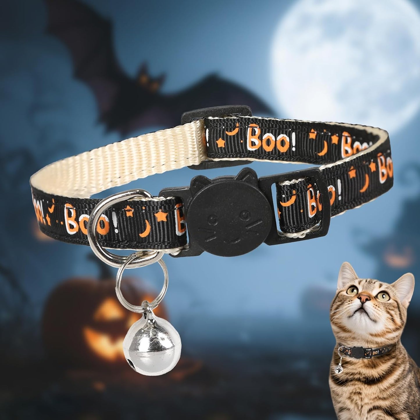 Halloween Cat Collar with Bell, Adjustable Comfortable Kitten Halloween Collar Breakaway, Boo! Patterns Safety Holiday Cat Collars for Boys Girls,Kitten,Puppy Black (7.5"-12.5")