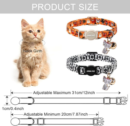 ARING PET 2 Pack Halloween Cat Collars, Breakaway Orange Black White Cotton Kitten Collar with Bells for Girl Boy Cats Ghost Spider Web