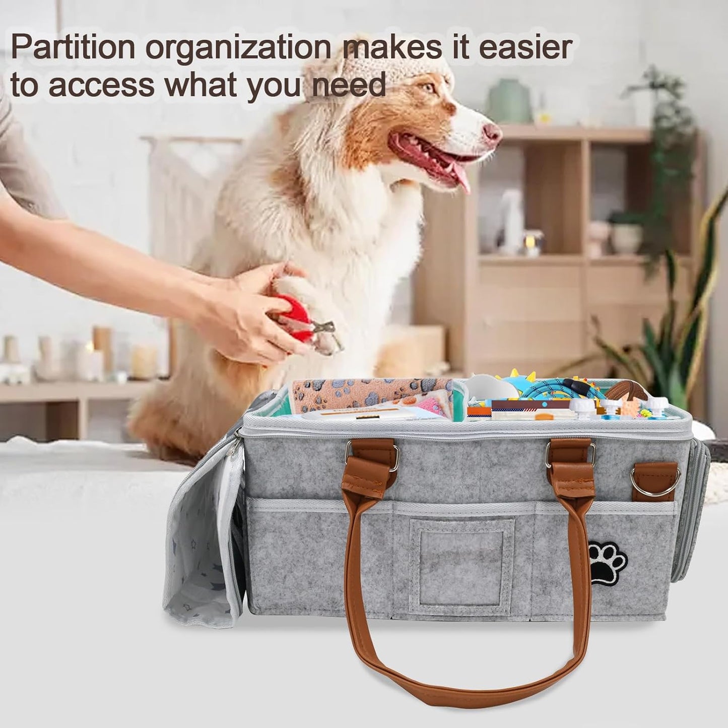 Felt Dog Grooming Bag,Portable Tote Bag for Dog and Cat,Puppy Storage Organizer for Grooming Tool Kit,3 Compartments Pet Stuff Oganizer with 8 Pockets