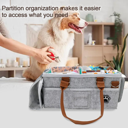 Felt Dog Grooming Bag,Portable Tote Bag for Dog and Cat,Puppy Storage Organizer for Grooming Tool Kit,3 Compartments Pet Stuff Oganizer with 8 Pockets
