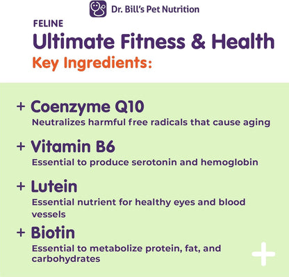 Dr. Bill’s Feline Ultimate Fitness & Health | Cat Multivitamin Powder - Daily Supplement | Weight Control, Joint, Brain, Heart & Immune Support | Omega 3s, Collagen, B Vitamins, Taurine, Amino Acids