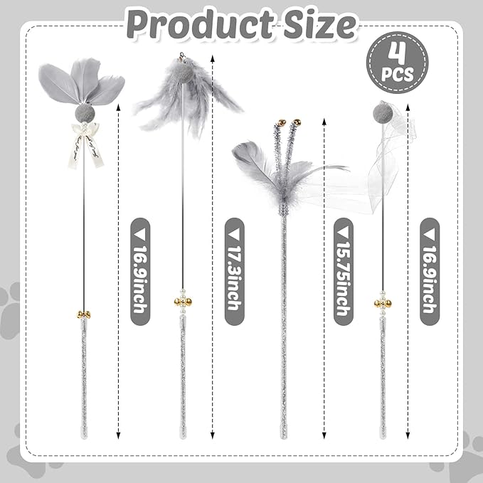 Interactive Cat Toys - 4-in-1 Cat Teaser Wand Toy and Feather Toys Refills for Indoor Cats to Chase and Exercise Design for Large and Small Cats
