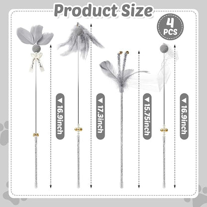 Interactive Cat Toys - 4-in-1 Cat Teaser Wand Toy and Feather Toys Refills for Indoor Cats to Chase and Exercise Design for Large and Small Cats