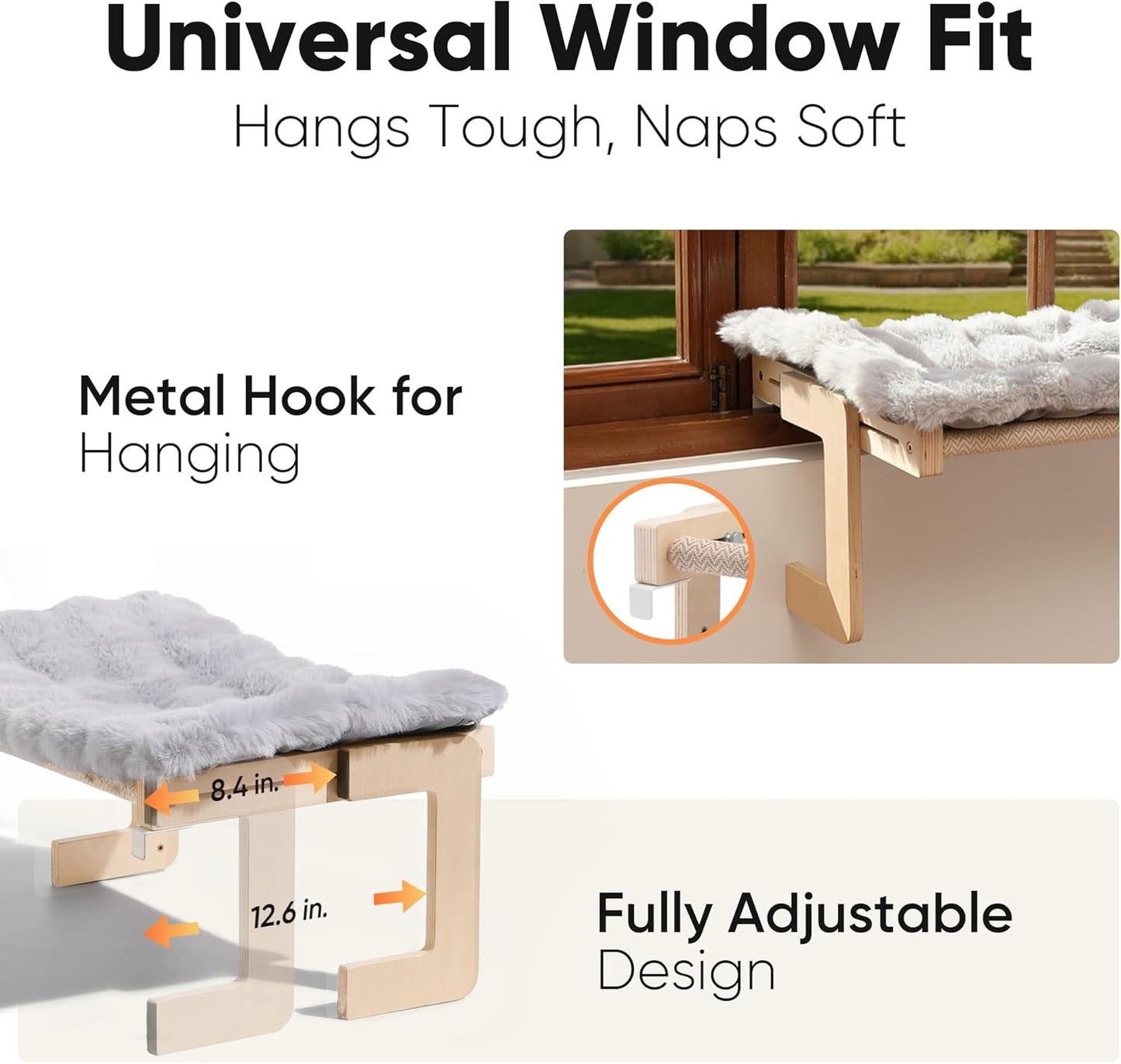 FUKUMARU Cat Window Perch, Transformable Cat Hammock with Fluffy Cushion for Windowsill and Floor, Cats Window Bed for Large Cats and Kittens, Reinforced Wood and Metal Frame, Easy to Adjust Pet Pech