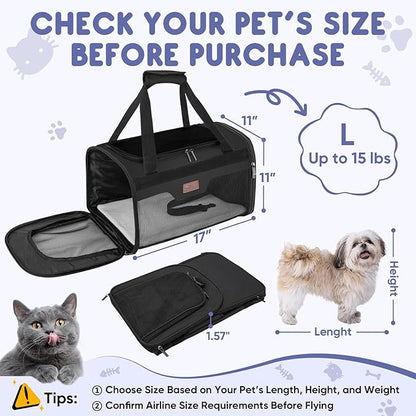 BALEINE Cat Carrier, Puppy Dog Carrier for Small Medium Pets Up to 15 Lbs, Soft-Sided Dog Travel Bag with Safety Zippers, Collapsible Pet Carrying Case (Black, L, 17"x11"x11")