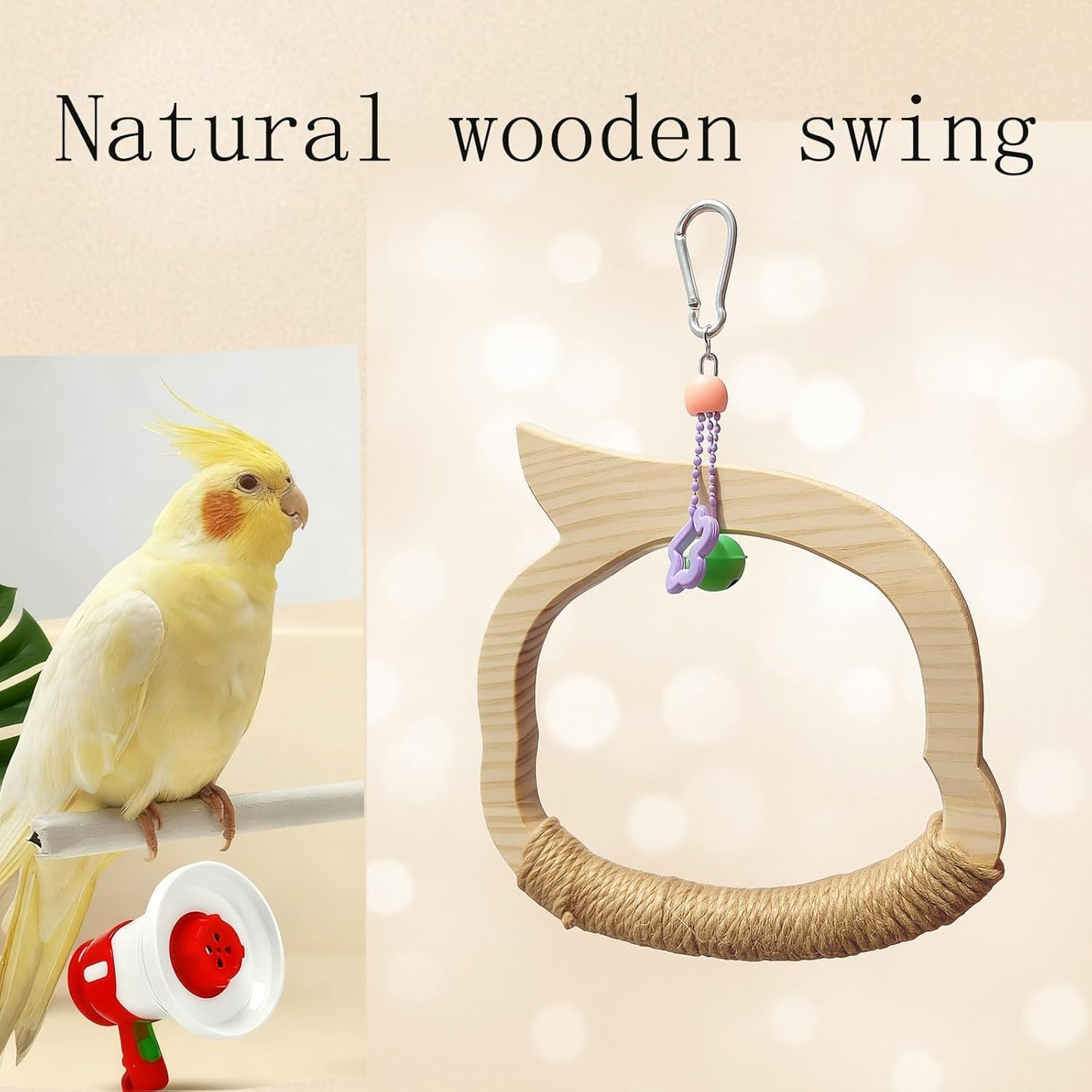 Wooden Bird Swing Perch Toy for Small and Medium Parrots, Natural Wood Ring with Bell and Rope Wrap, Hanging Cage Toy for Cockatiels, Budgies, Lovebirds, Conures