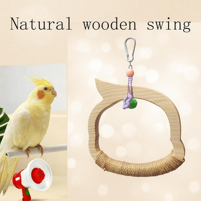 Wooden Bird Swing Perch Toy for Small and Medium Parrots, Natural Wood Ring with Bell and Rope Wrap, Hanging Cage Toy for Cockatiels, Budgies, Lovebirds, Conures