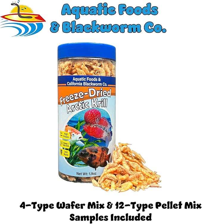 Aquatic Foods Inc. Arctic Krill, Freeze Dried Krill, High in Natural Color Enhancing for Large Cichlids, Tropical Fish, Koi, Turtles, 12-Type Pellet Mix & 4-Type Wafer Mix Included 1.9oz Canister