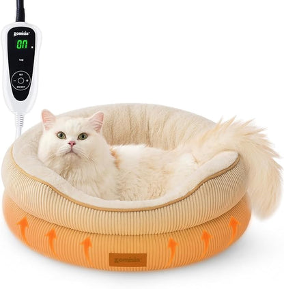 Heated Cat Bed Indoor - Adiustable Temperature Pet Heating Bed with Timer and Chew Resistant Cord, Washable Puppy Bed with Non-Slip Bottom, 21" x 21" x 8", Khaki