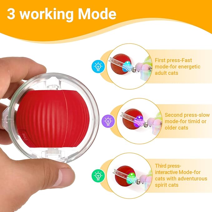 Interactive Cat Toys for Indoor Cats, Motion Activate Ca t Toy, Smart Kitten Rolling Ball Moving Ball Toys, Rechargeable Cat Ballfor Enrichment Exercise(Red)