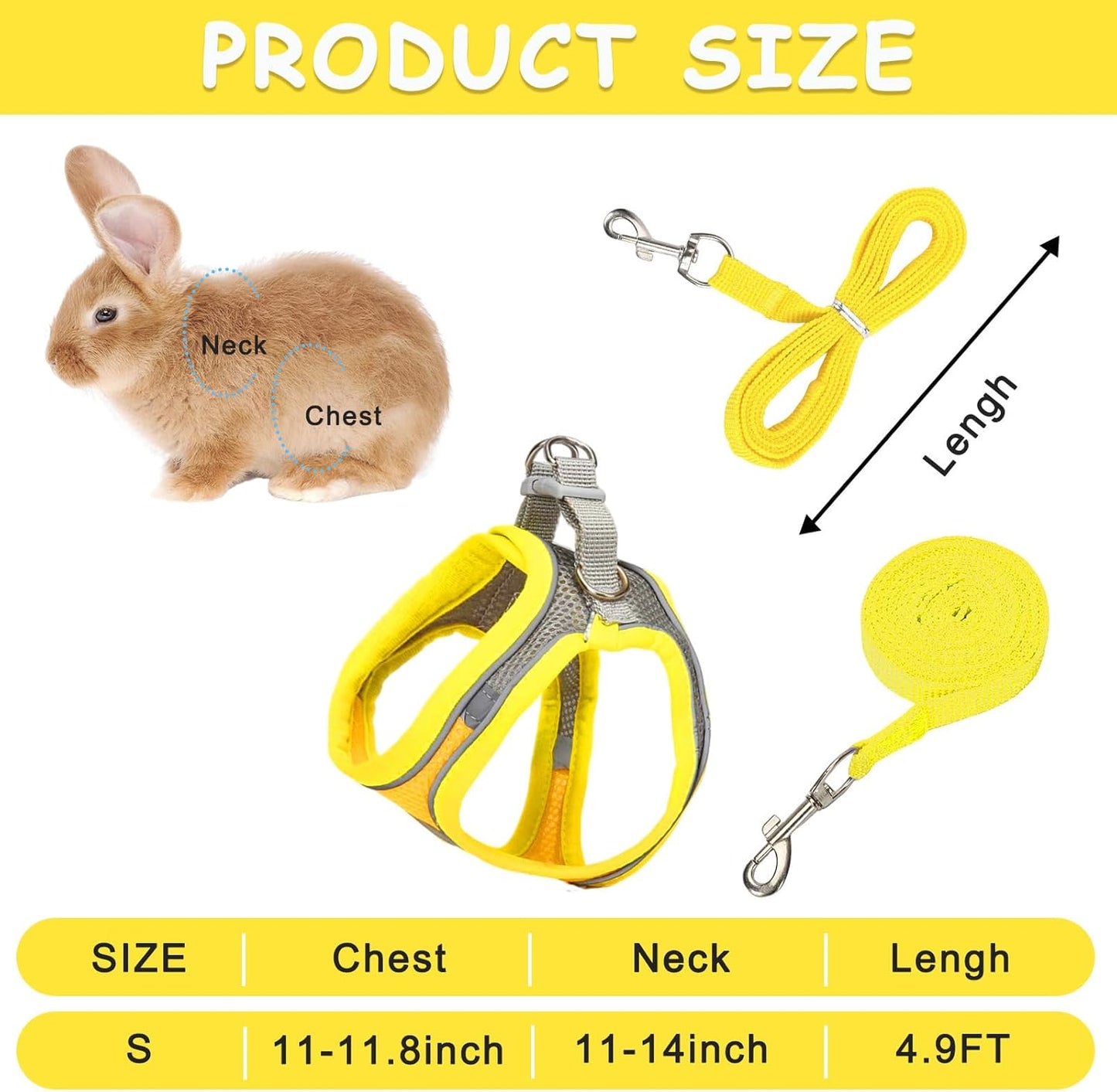 2 Pack Rabbit Harness and Leash Set, Double Buckle Bunny Harness with Reflective Strips Soft Breathable Mesh Vest Harness for Rabbits Walks Accessories(Pink and Yellow)