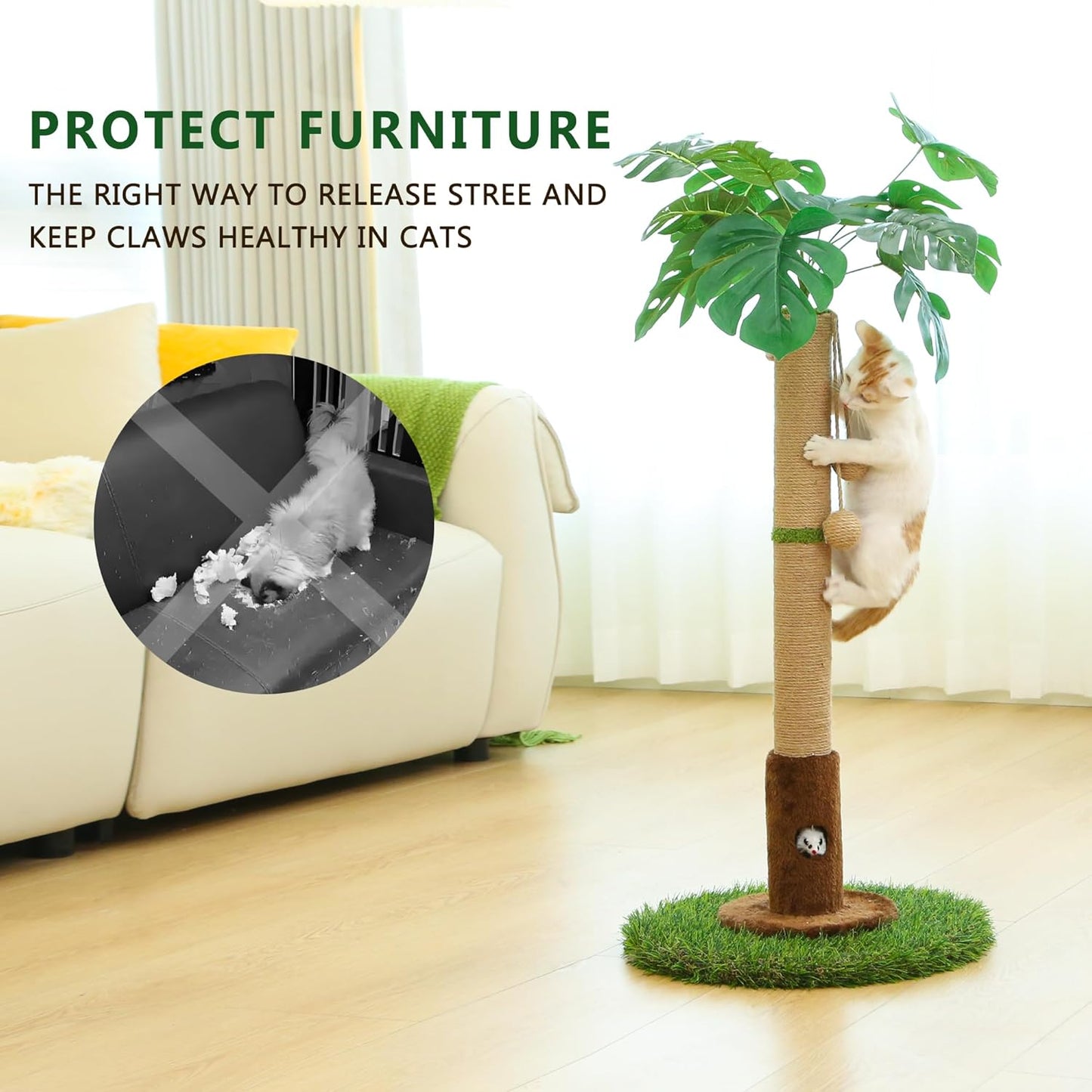 Cat Scratching Post for Indoor Cats and Kitten - 35.43" Tall Cat Scratching Post with Sisal Rope,Palm Tree Cat Scratch Post with Hanging Ball