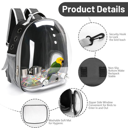 Bird Backpack Carrier, Travel Bird Cage for Small Medium Size Parrot Parakeet Budgies Cockatiel, Portable Clear Bubble Window Bag with Stainless Steel Tray Food Bolw Standing Perch (Black)