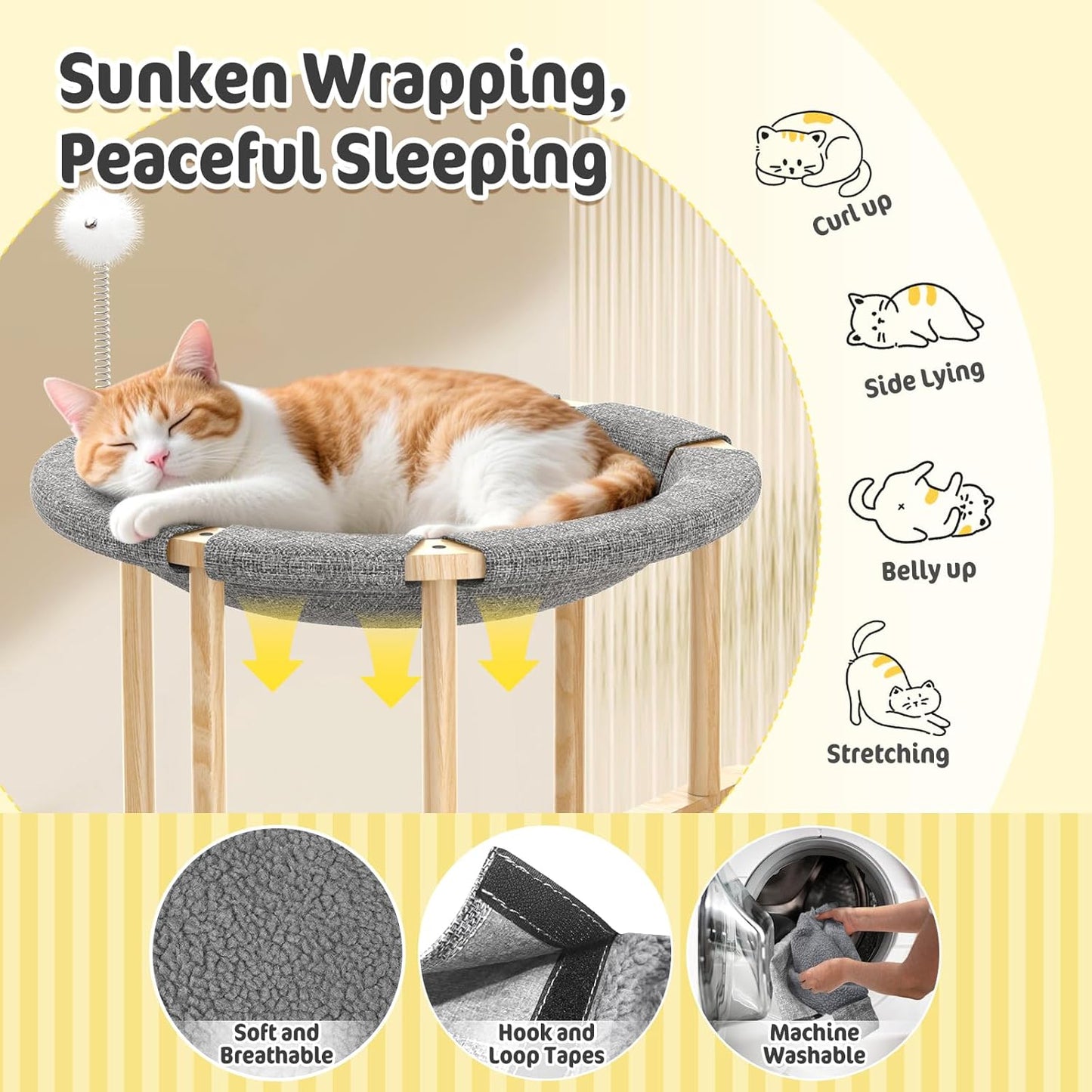 Pawaboo Elevated Cat Hammock Bed, 2-Tier Cats Bed with 2 Teasers, Wooden Cats Furniture with Kitten Scratching Mat,Double Cat Beds Interactive Stair Shaped Pet Hammock for Indoor Kitties Climbing