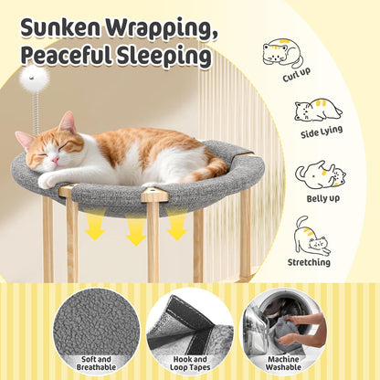 Pawaboo Elevated Cat Hammock Bed, 2-Tier Cats Bed with 2 Teasers, Wooden Cats Furniture with Kitten Scratching Mat,Double Cat Beds Interactive Stair Shaped Pet Hammock for Indoor Kitties Climbing