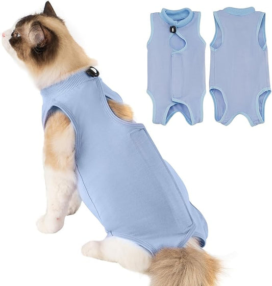 Avont Cat Recovery Suit Post-Surgery Onesie, Breathable Cone-of-Shame Alternative Bodysuit for Spayed Female Kittens, Skin Abdonminal Wound Care -Blue(L)