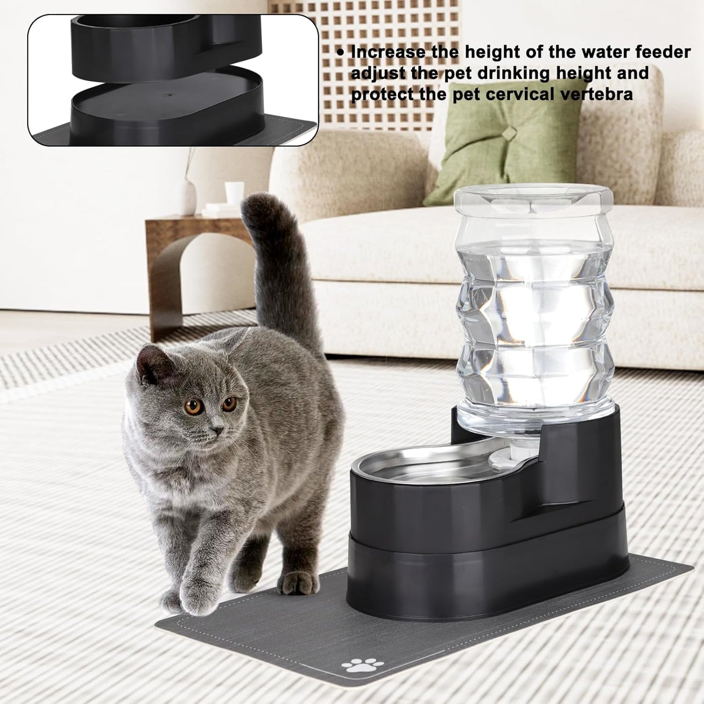 RIZZARI Automatic Cat Water Dispenser: Black 7L Elevated - Stainless Steel Gravity Feeder - Splash Guard Mat