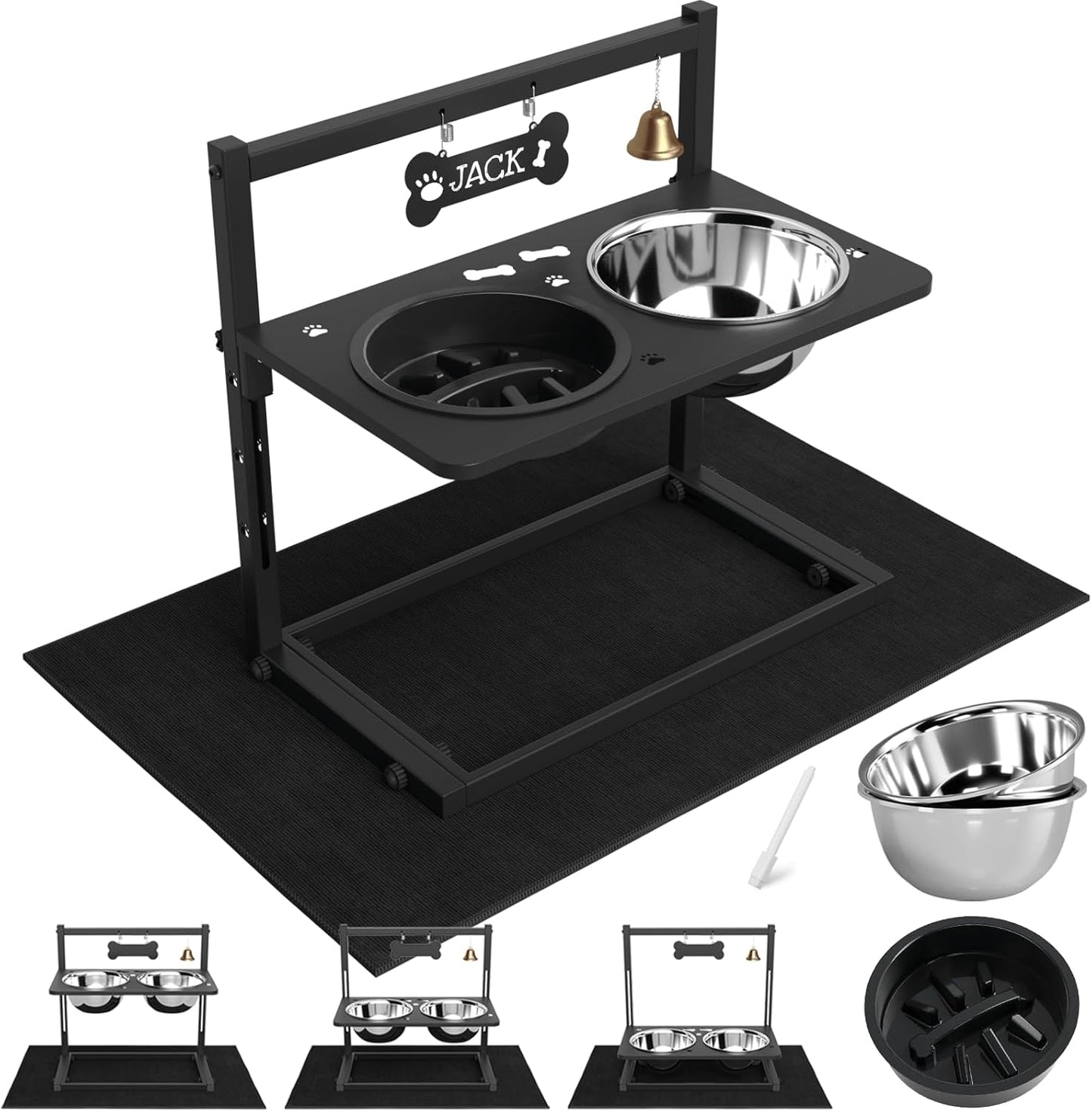 Elevated Dog Bowls with Slow Feeder and Spill Proof Mat, Adjustable Height 4.3-11.8'', Two 1.7L Stainless Steel Food & Water Bowls, Metal Raised Dog Bowl Stand, for Large Medium Breeds