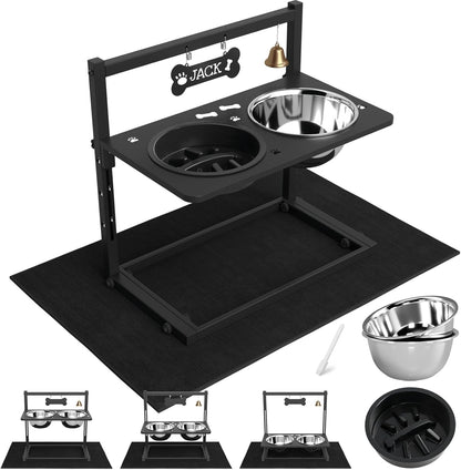 Elevated Dog Bowls with Slow Feeder and Spill Proof Mat, Adjustable Height 4.3-11.8'', Two 1.7L Stainless Steel Food & Water Bowls, Metal Raised Dog Bowl Stand, for Large Medium Breeds