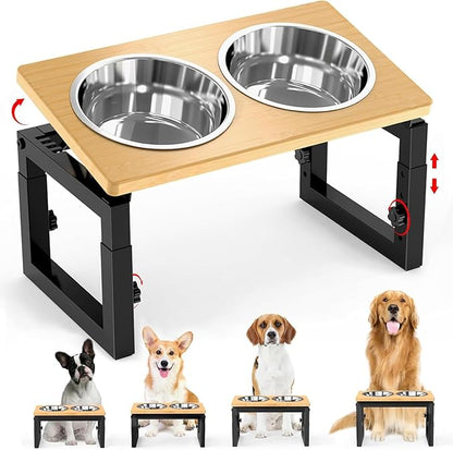 Dog Bowls Elevated, 4 Height & Angle Adjustable Raised Dog Bowl Stand, Elevated Dogs Bowl Stand for Medium Sized Pet, Sturdy Bamboo Dogs Feeding Station with 2X 48oz (6cup) Stainless Steel Dishes