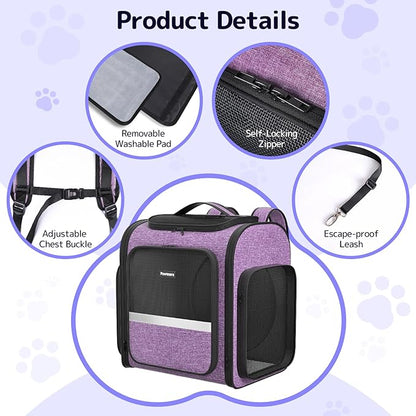 Pawtners Cat Backpack Carrier, Large Space Dog Backpack with Breathable Mesh, Expandable Pet Carrier Backpack for Small Medium Kitten Puppy Up to 18 Lbs, Suitable for Travel Hiking Camping Shopping