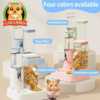 2-in-1 Hamster Water Bottle & Enhanced Food Dispenser - 35% Larger Food Capacity, Leak-Proof Design for Glass Tanks/Wire Cages Small Animal Accessories (Blue, 4.9IN+5.1IN+5.7 in)
