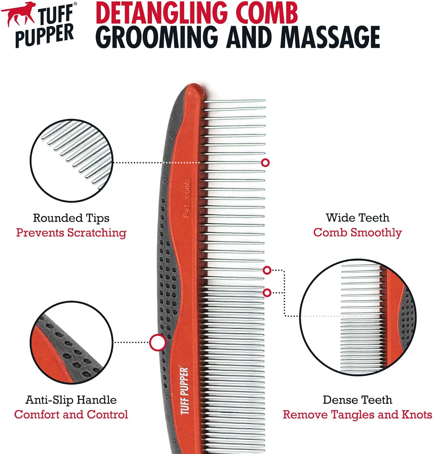 Tuff Pupper Dog Grooming Comb Set | Easily & Safely Remove Matted Knotted Hair | Ergonomic Pet Detangling Combs | No-Slip Safety Handle | Rounded Tips Prevent Scratching | For Poodles & Curly Hair