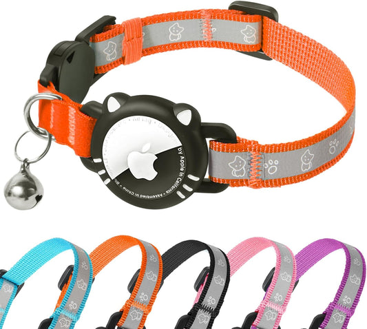 Airtag Cat Collar, Reflective Cat Collar with Apple Air Tag Holder, Breakaway GPS Tracker Pet Collar with Bell for Cat Kitten, Airtag Not Included, Orange, S(9-11 Inch)