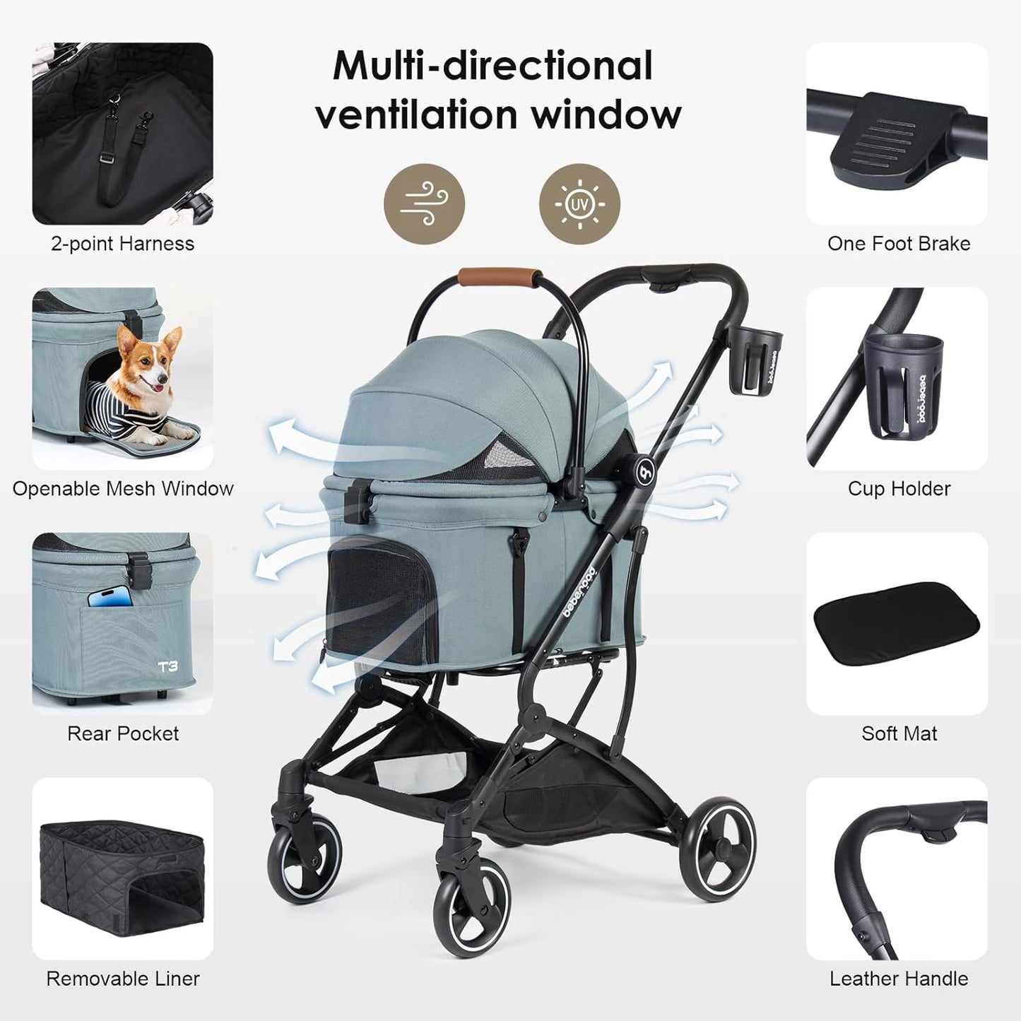 T3 3-in-1 Small Pet Stroller for Dog & Cats, 4 Wheels with Detachable Carrier with Pad, Canopy and Cup Holder (Green)