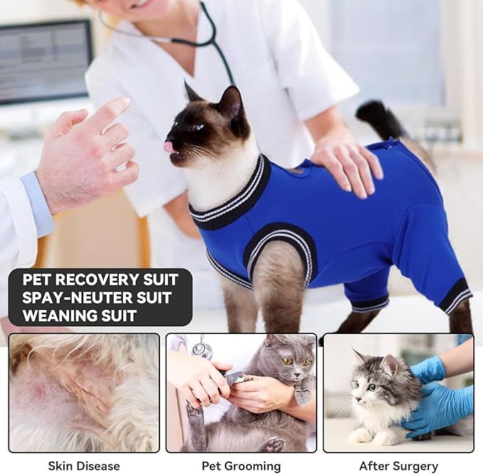 T'CHAQUE Cat Surgery Clothes Recovery Suit for Female Male, Cat Onesie Pet Surgical Pajamas Hind Legs Long Sleeve, Abdominal Wound Skin Diseases, E-Collar Alternative, Spay Recovery Suit, RoyalBlue-L