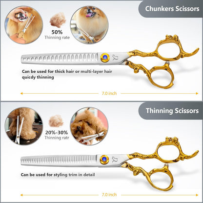Dog Grooming Scissors,Thinning Shear Chunkers Shears and Curved scissors with Safety Round Tips,Sharp 3 in 1 Dog Scissors for Grooming
