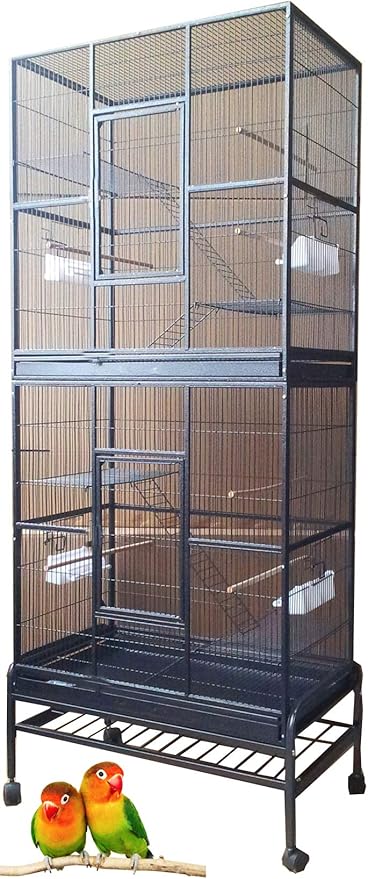 76" Extra Large Double Stackable Wrought Iron Breeding Bird Parrot Cockatiel Conure Breeder Flight Cage Double Feeder Cups Side Breeding Doors Eash Clean Pull Out Tray with Detachable Rolling Stand