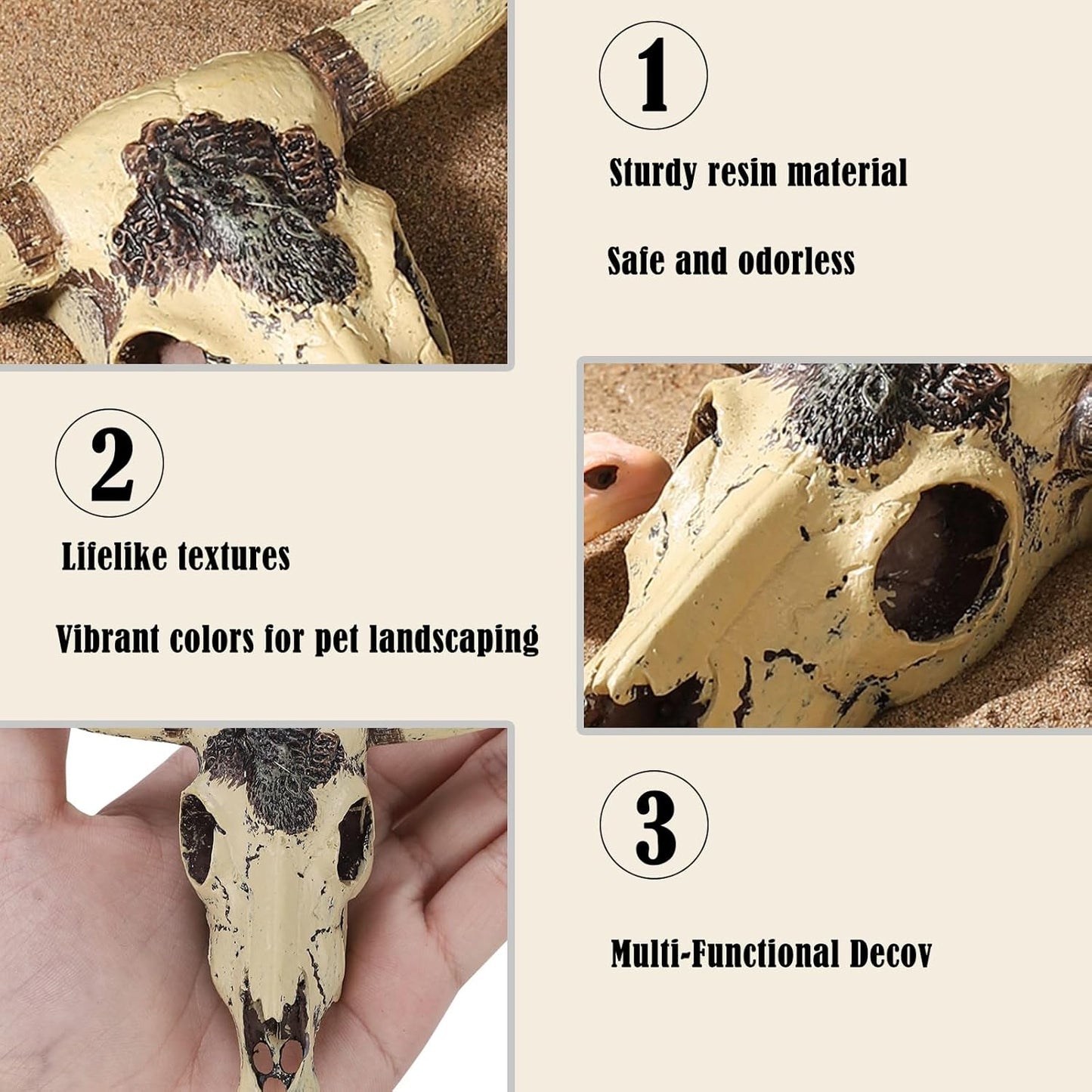 Resin Bull Skull Hideout for Terrarium Small Reptile Hide and Cave for Bearded Dragon Snake Tarantula Decorative Cattle Skeleton Decor for Tank Fish Aquarium