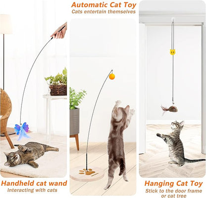 JXFUKAL Interactive cat Toy, Automatic Cat Wand Toy with Stable Wooden Base, 2 PCS Detachable Cat Teaser, 5PCS Refills Replacement & Hanging Cat Toy, Kitty Kitten Toys Cat Feather Spring String Toy