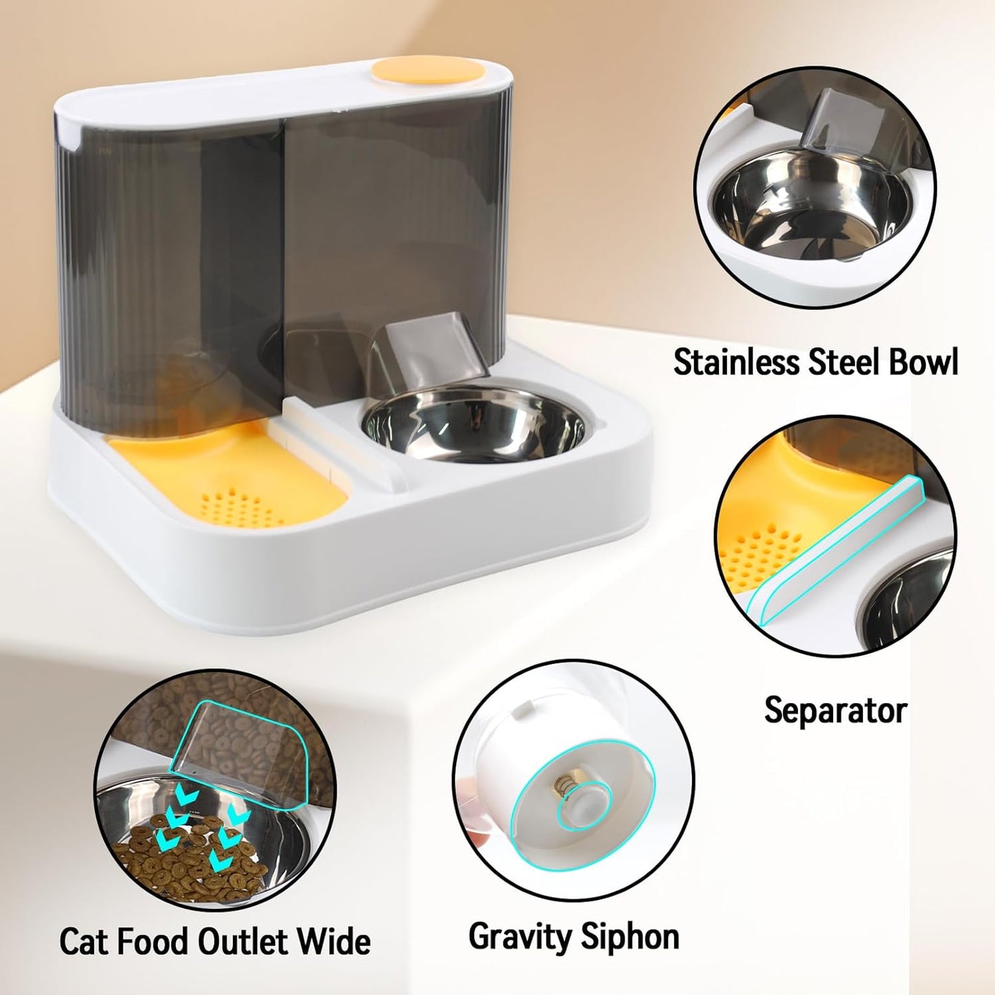 2 in 1 Automatic Cat Feeder and Water Dispenser Combo,All-in-One Dog Food and Water Dispenser Set with Stainless Steel Food Bowl Detachable Gravity Feeder for Cat Kitten Small Dog(Yellow)