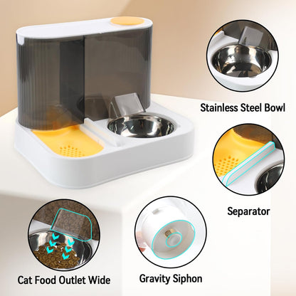 2 in 1 Automatic Cat Feeder and Water Dispenser Combo,All-in-One Dog Food and Water Dispenser Set with Stainless Steel Food Bowl Detachable Gravity Feeder for Cat Kitten Small Dog(Yellow)