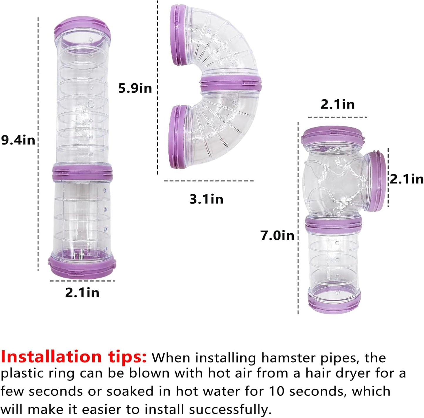 8PCS Hamster Tunnel Tube DIY Assorted Toy Transparent Adventure Pipe Playground Excercise Set for Mouse Syrian Hamster Gerbil (Purple)